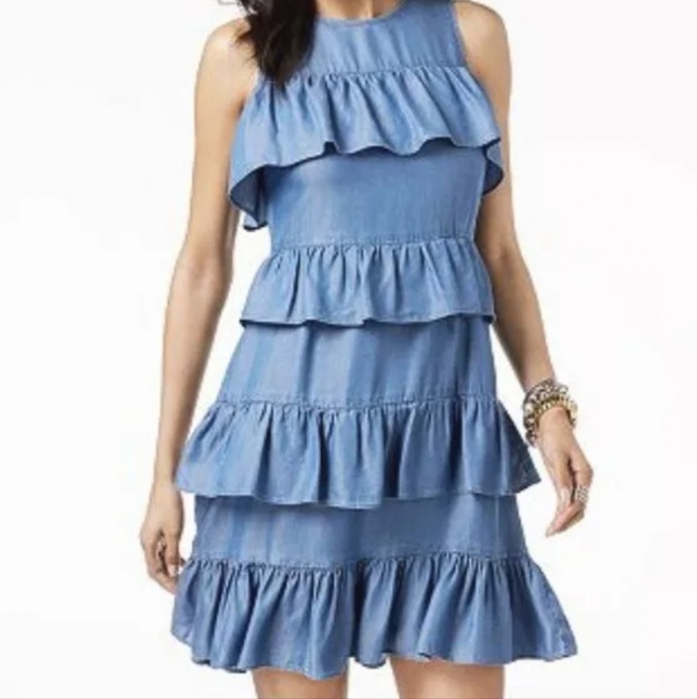 NWT Michael Kors Chambray Sleeveless Ruffle Dress Size M